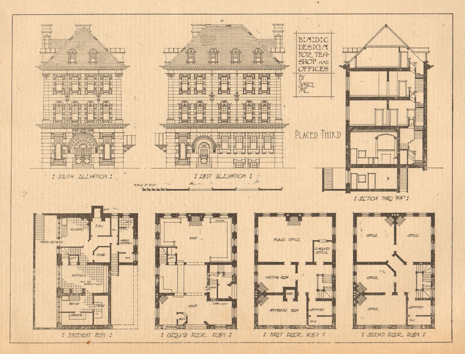 Design for tea shop & offices. Elevations & plans 1905 old antique print